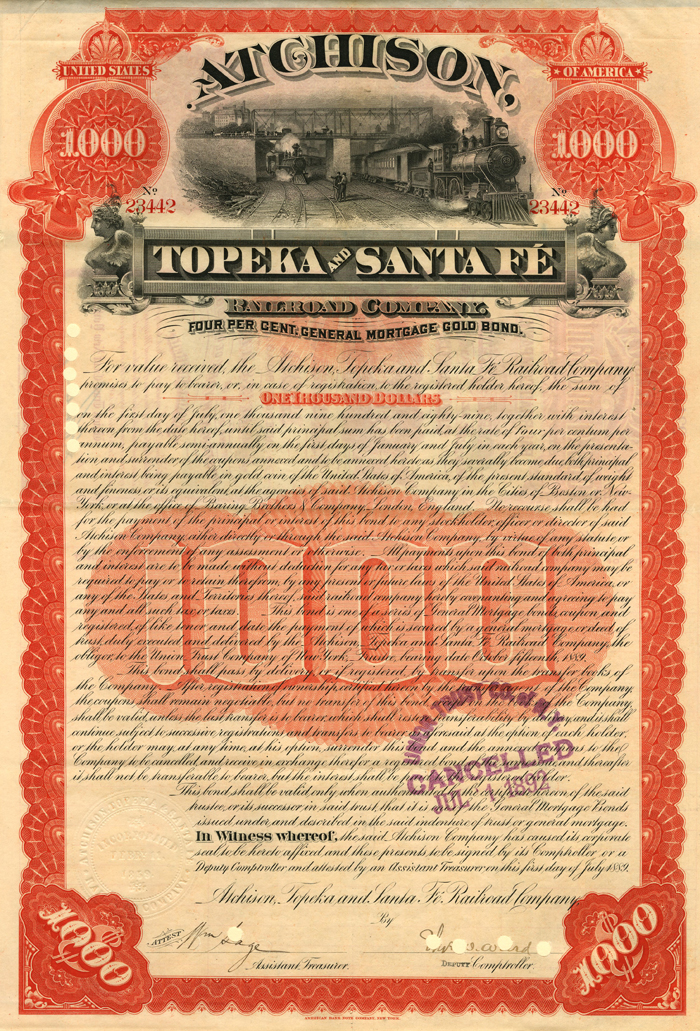 Atchison, Topeka and Santa Fe Railroad $1000 Bond